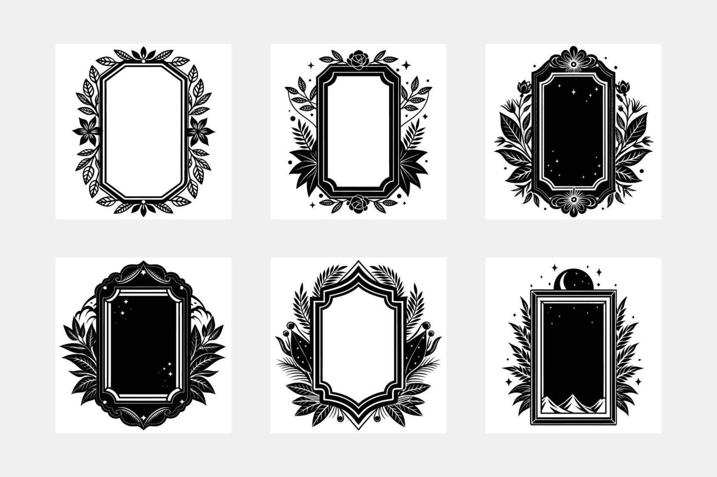 Six Ornate Floral Frames Blank, Starry, Moon, Mountain Designs vector