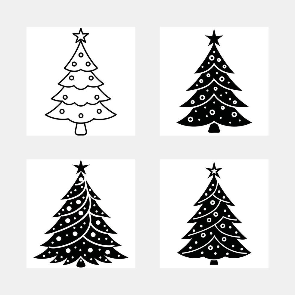 Four Simple Christmas Tree Icons Line Art, Solid, Decorated vector