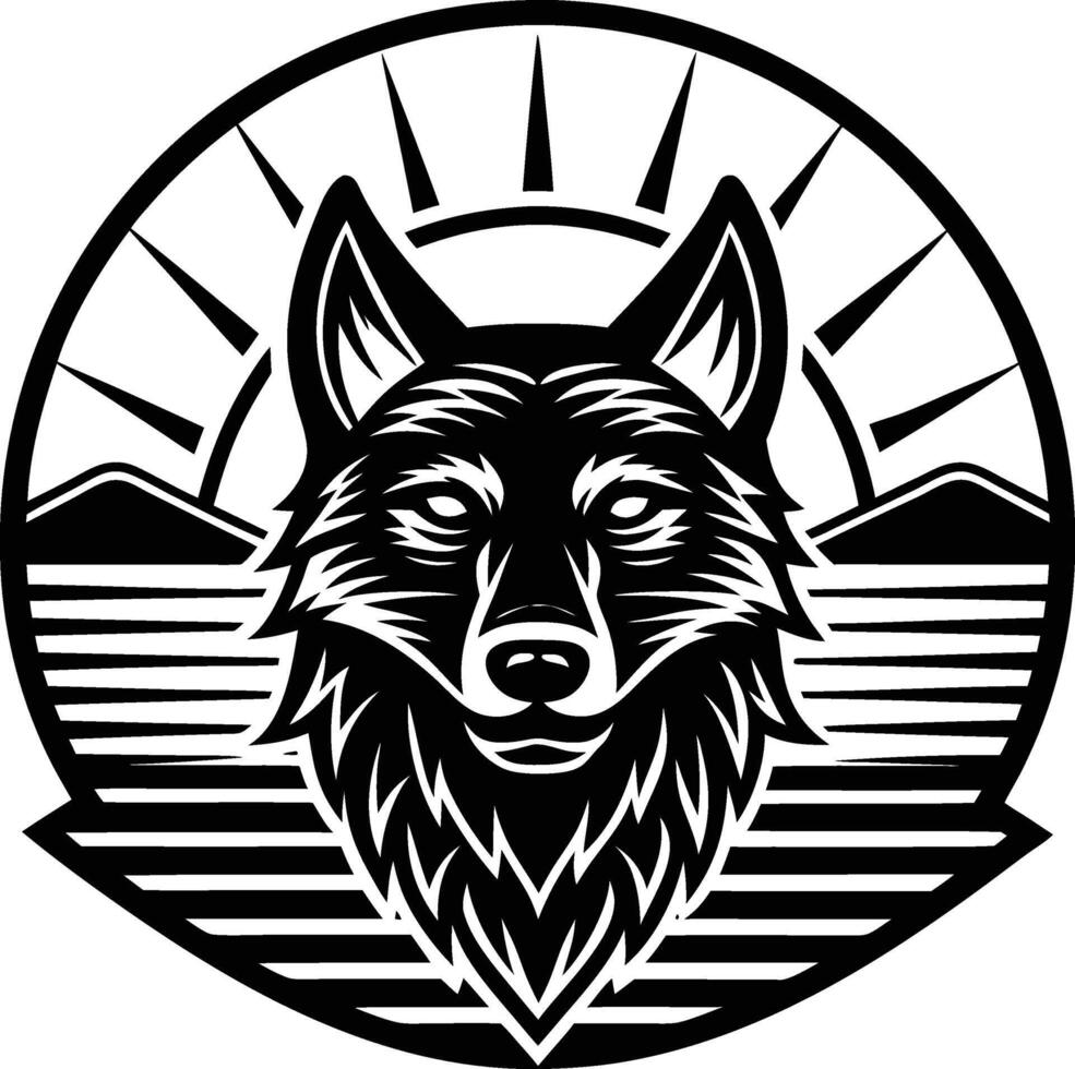 Majestic Wolf Head Sunset Mountains Nature Wildlife Emblem Design vector