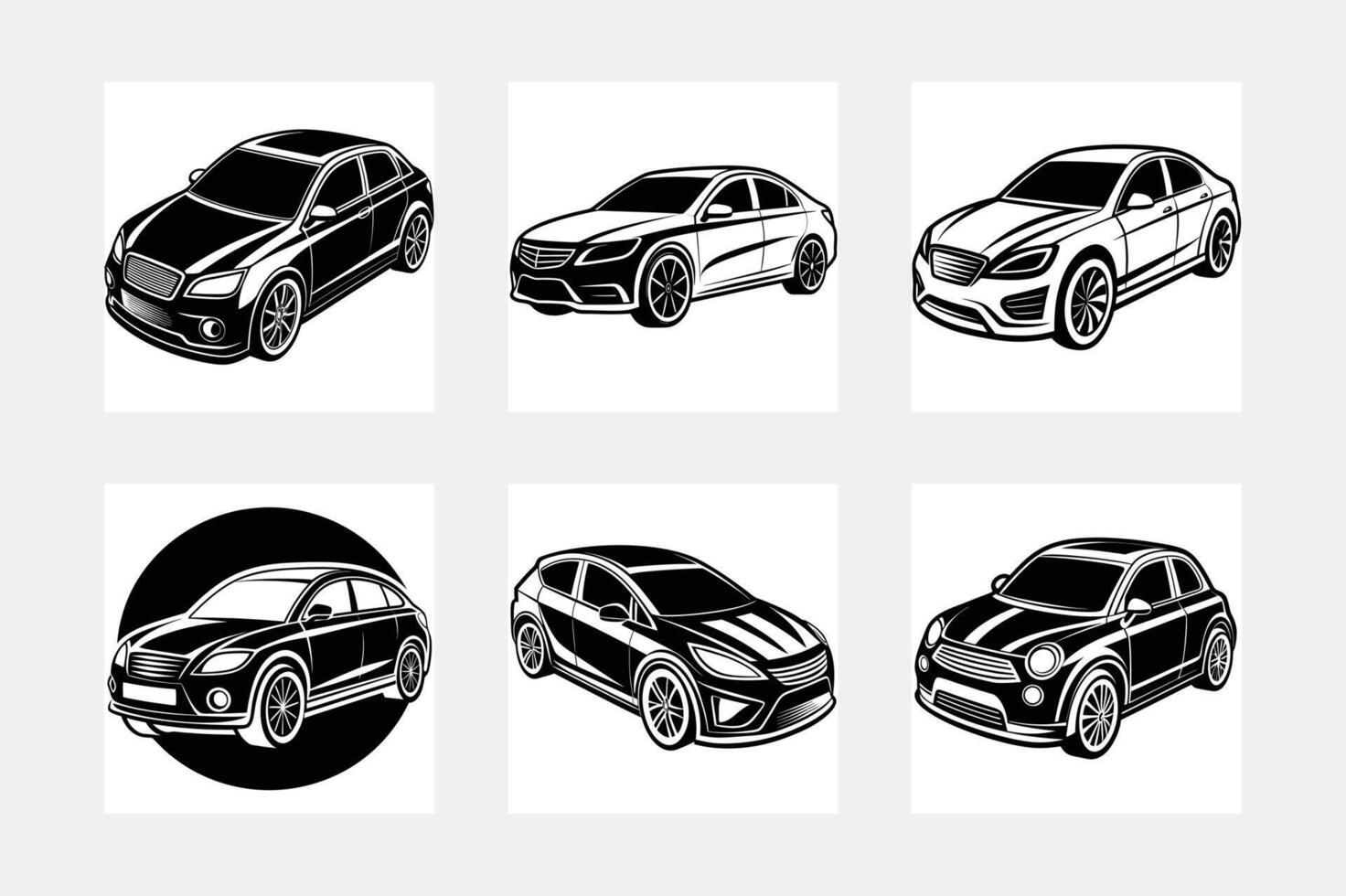 Six Black and White Car Illustrations Sedan, Hatchback Designs vector