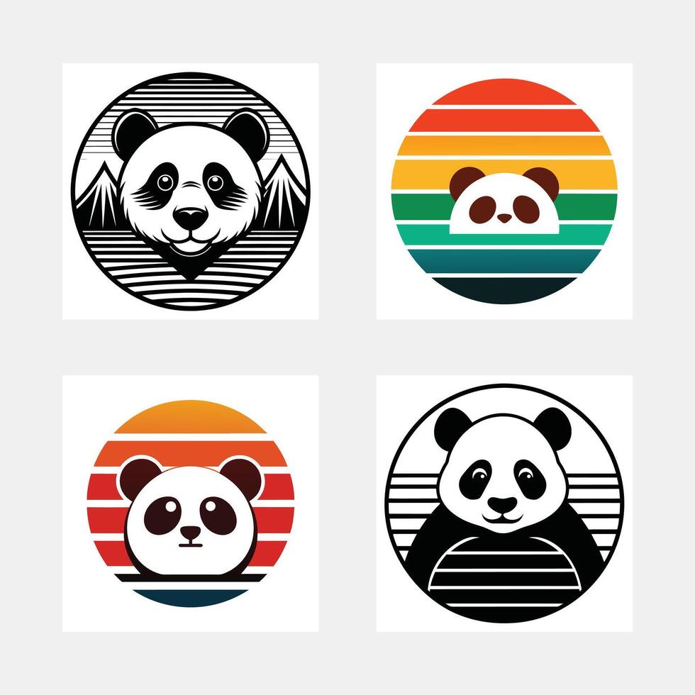 Retro Panda Designs Mountain, Sunset, and Striped Variations vector