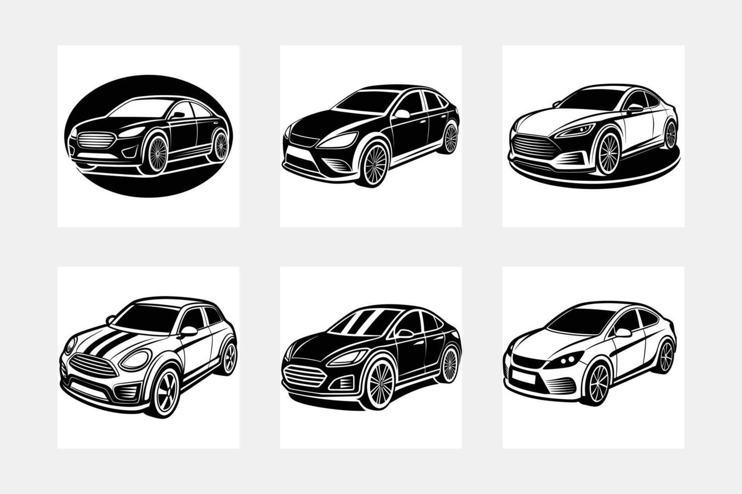 Six Black and White Car Illustrations Sedan, Hatchback Designs vector