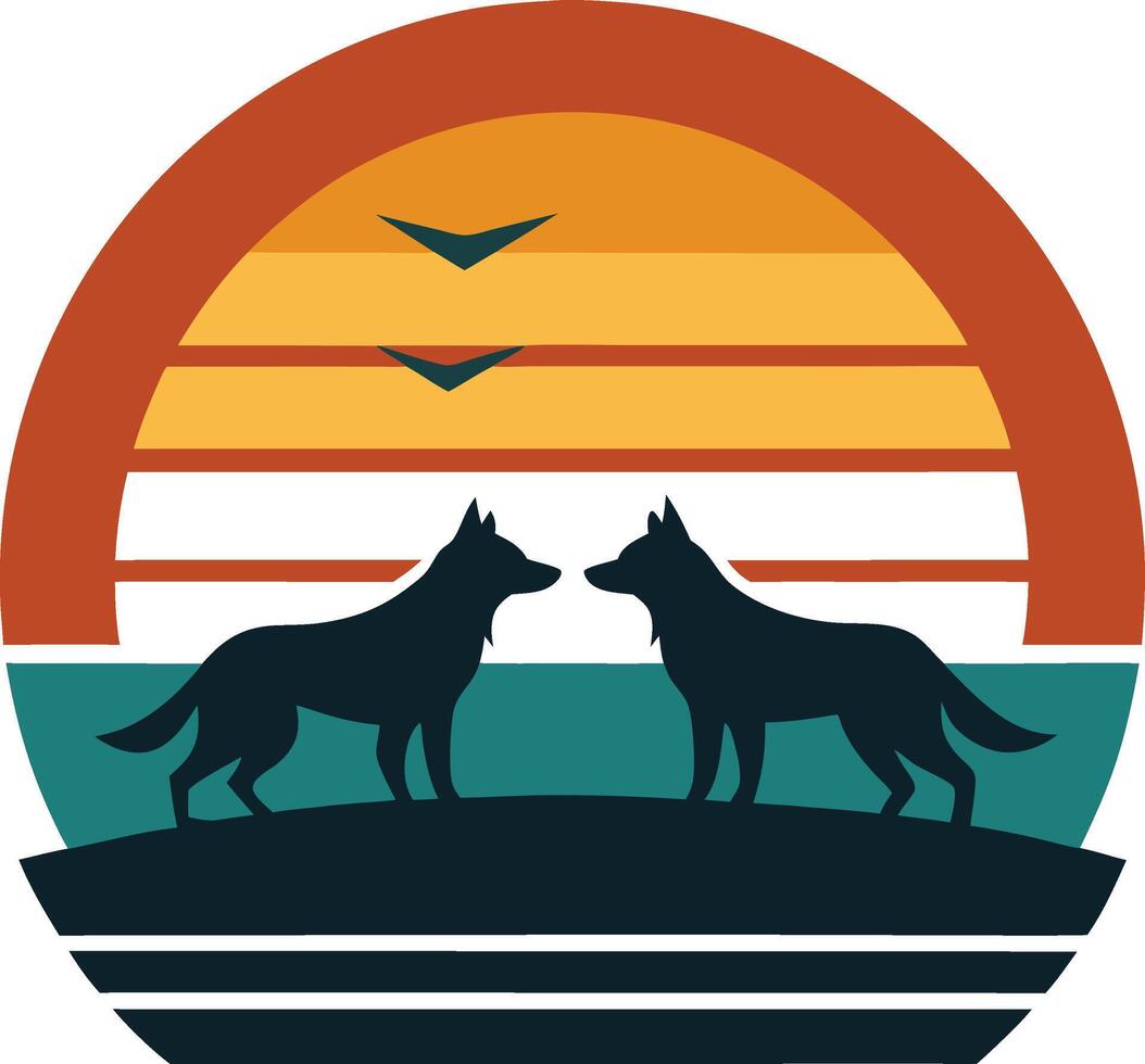 Sunset Silhouette Two Wolves Facing, Coastal Scene, Retro Style vector