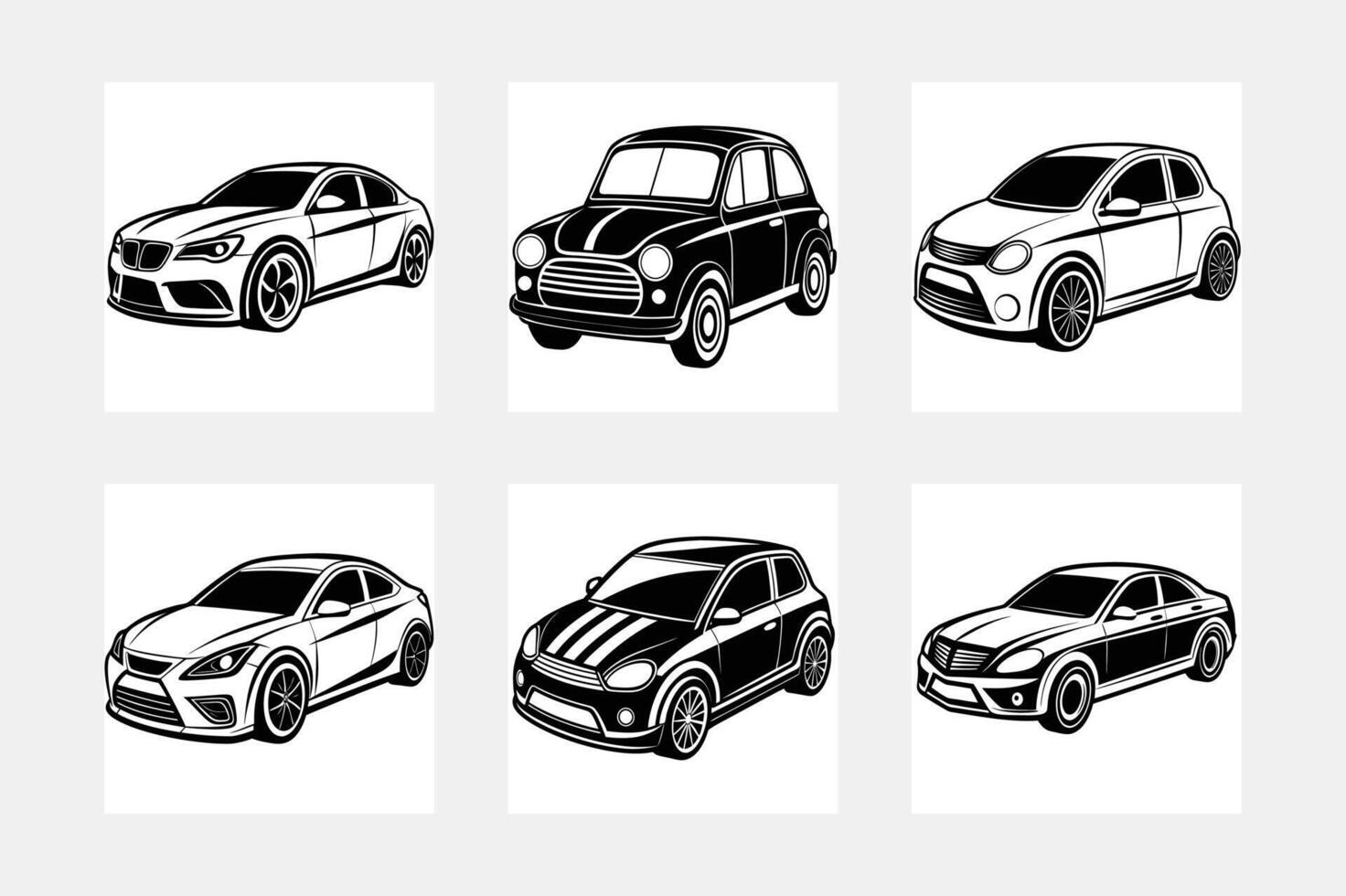 Six Classic and Modern Car Designs Black and White Illustrations vector