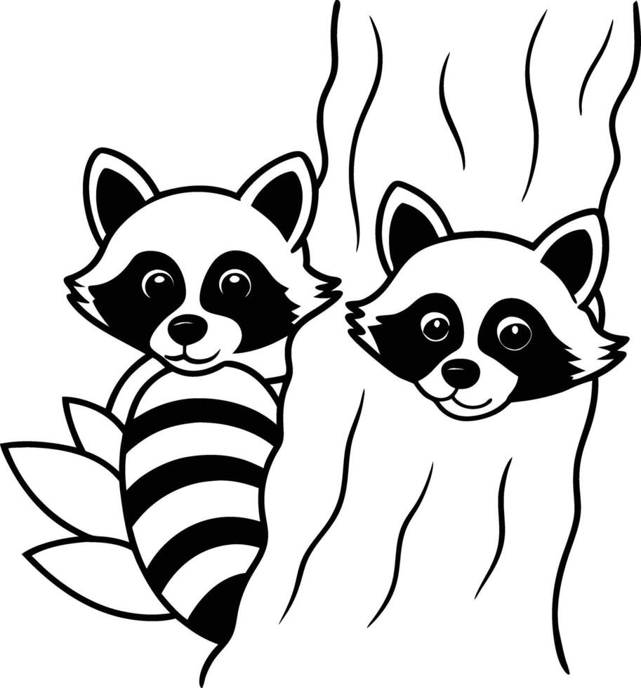 Adorable Cartoon Raccoons Hiding in Tree Trunk, Black and White vector