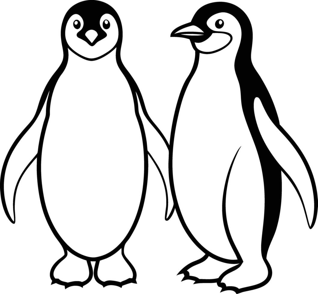 Two Adorable Penguins Outline Drawing, Black and White vector