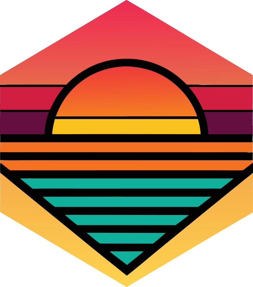 Retro Sunset Ocean Graphic Design, Hexagon Shape, Summer Vibes vector
