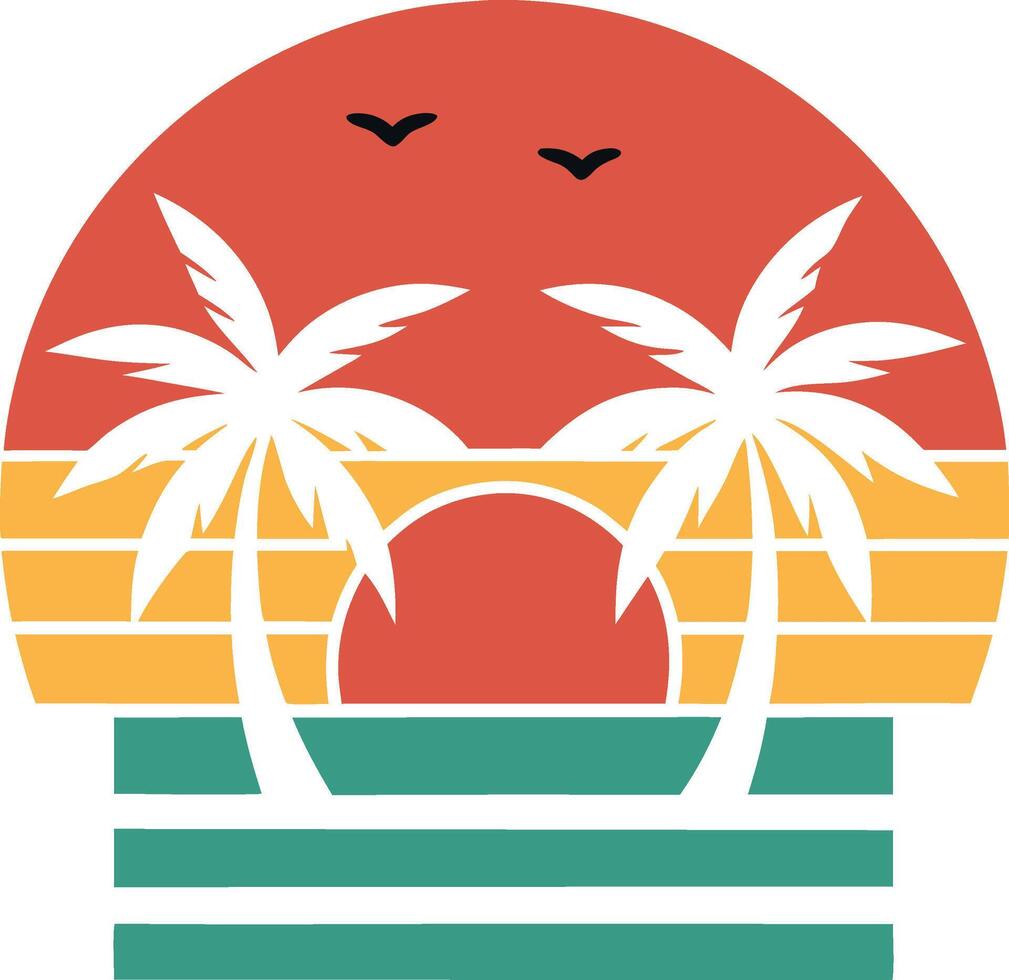 Retro Sunset Palm Trees Ocean Beach Summer Vacation Scene vector