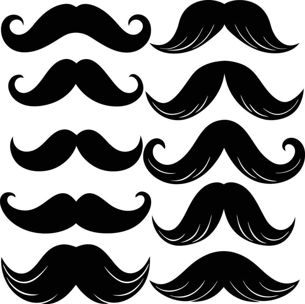 Collection of Eight Black Mustache Silhouettes Vintage, Retro, Facial Hair vector