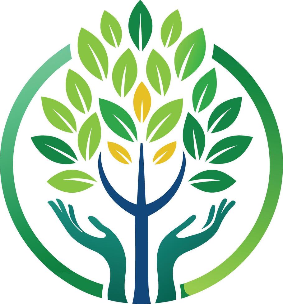 Green Tree of Life Logo Nature, Growth, Hands, Care, Healing vector
