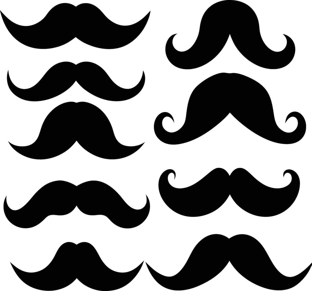Collection of Eight Mustache Silhouettes Various Styles, Facial Hair vector