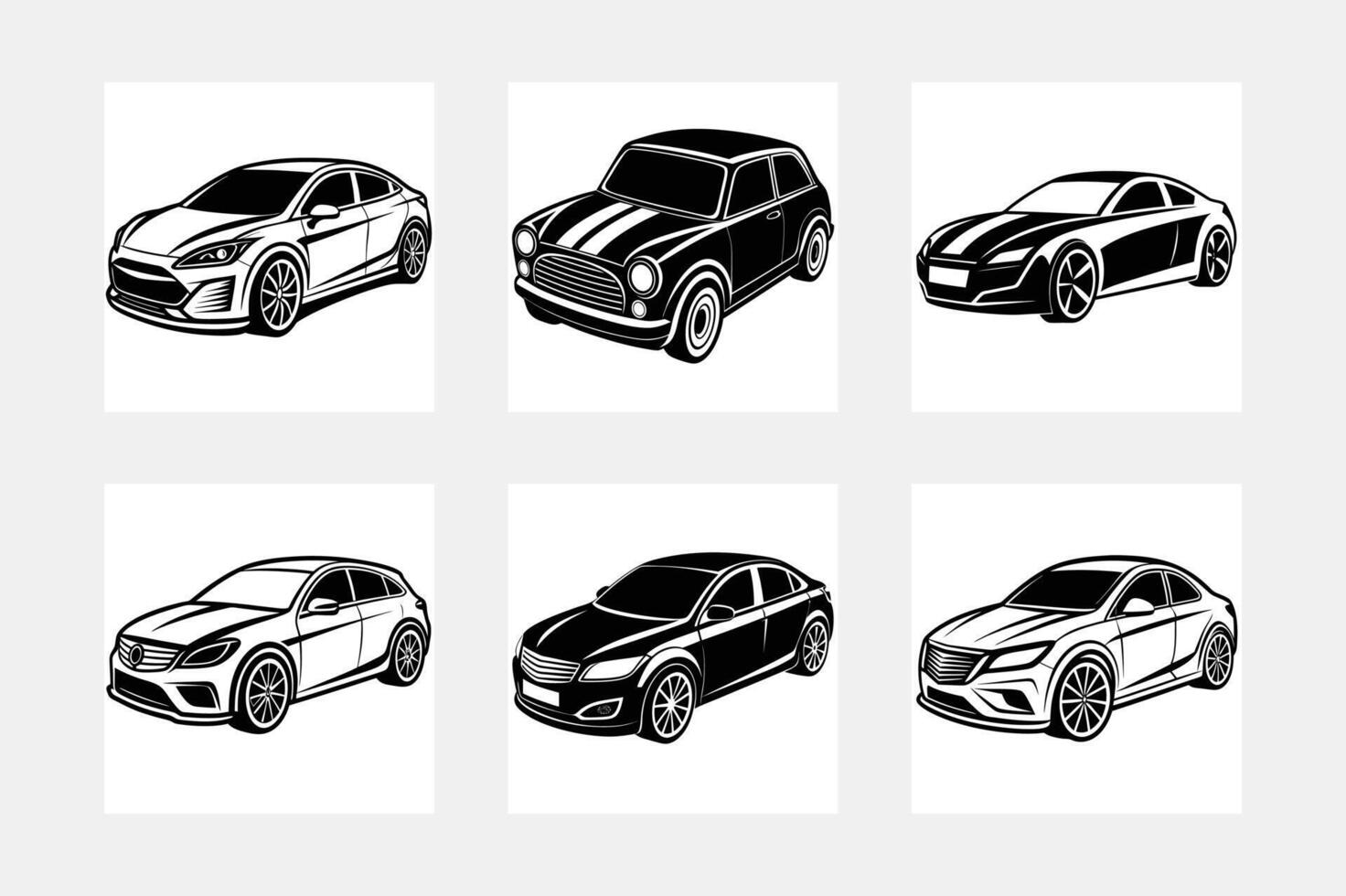 Six Stylish Car Designs Sedan, Hatchback, Coupe, Monochrome Illustrations vector