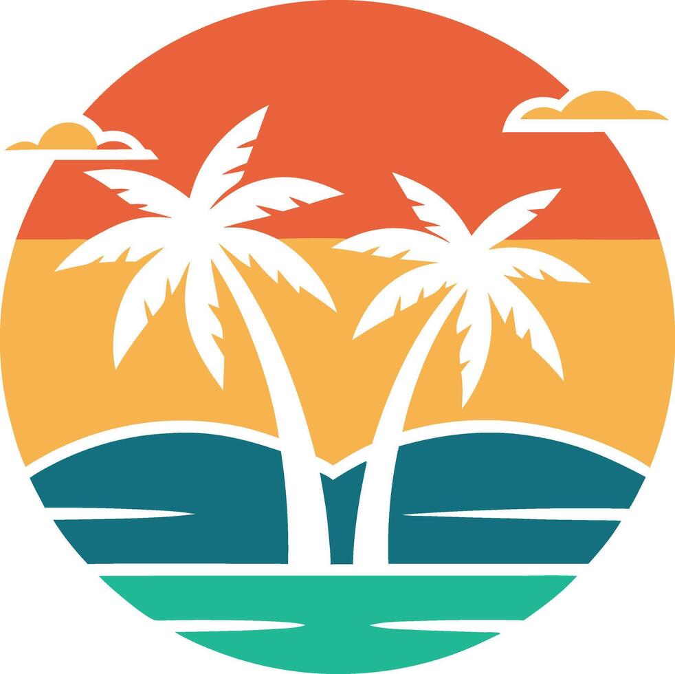 Sunset Paradise Tropical Palms, Ocean, Beach, Summer Vibes vector