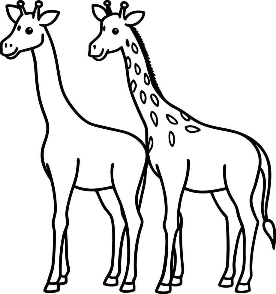 Two Giraffes, Line Art, African Wildlife, Zoo Animals, Mammal Illustration, Black and White, Simple vector
