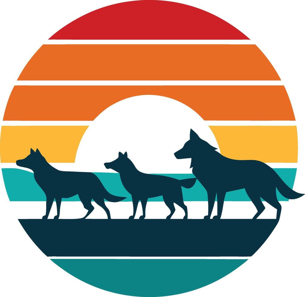 Retro Sunset Silhouette Three Wolves at Dusk in Nature vector