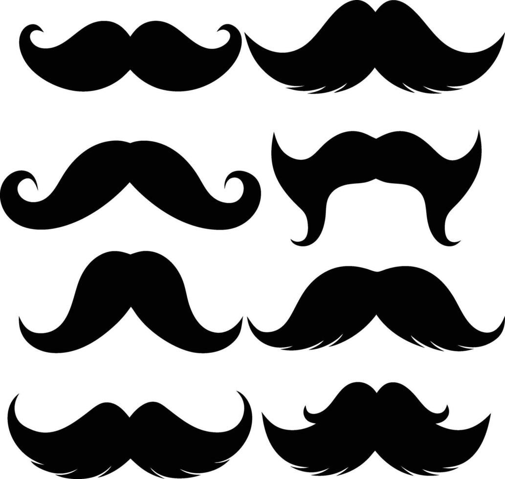 Collection of Eight Mustache Silhouettes Classic, Trendy Facial Hair vector