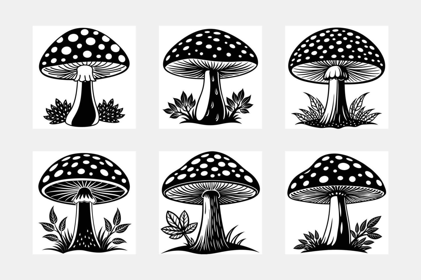 Six Black and White Mushroom Illustrations with Leaves vector
