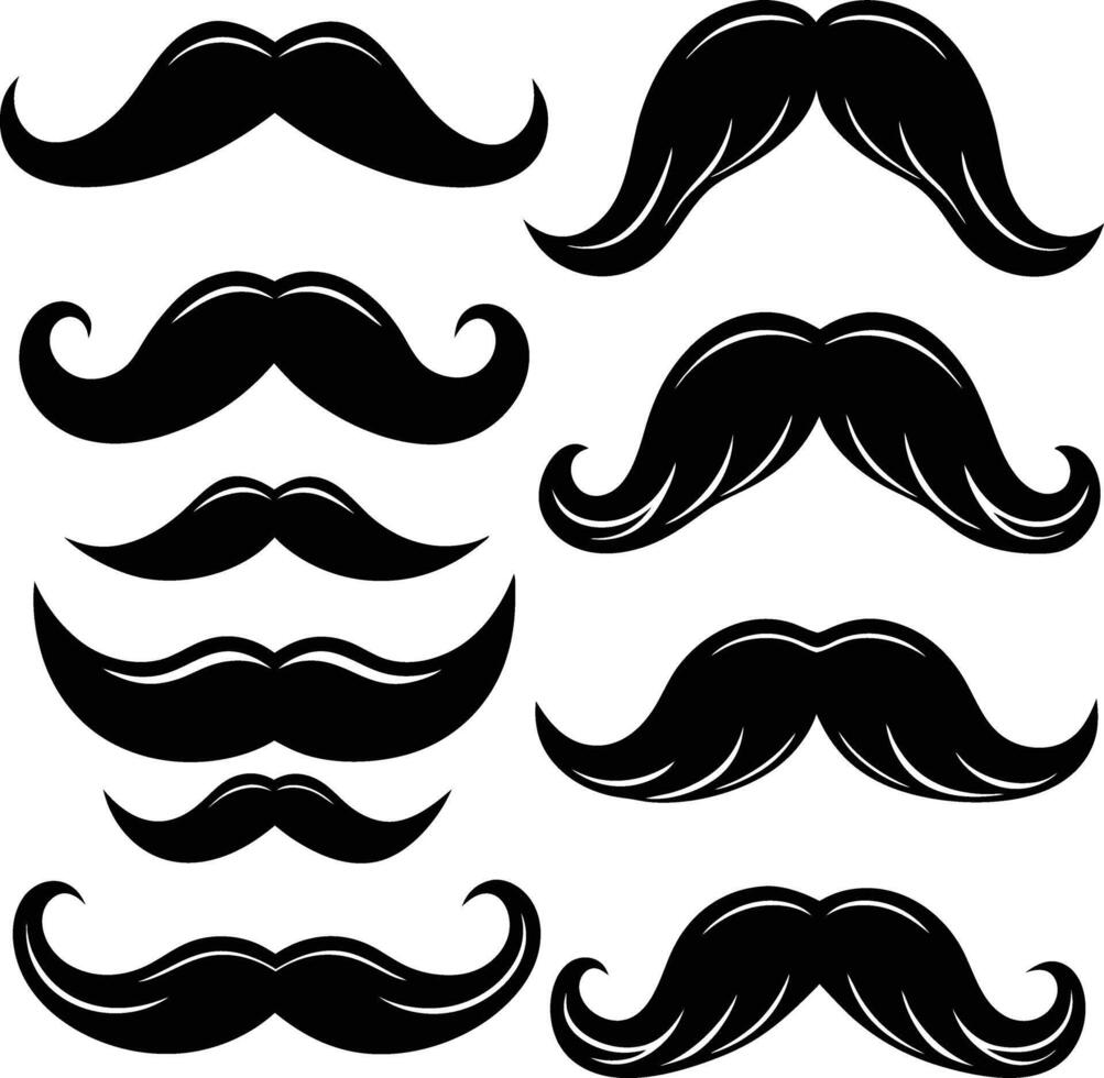 Collection of Eight Mustache Styles Facial Hair, Vintage, Retro, Silhouette vector