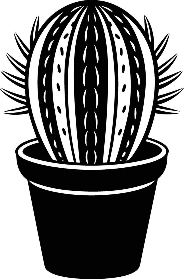 Black and White Barrel Cactus Potted Plant Illustration Design vector