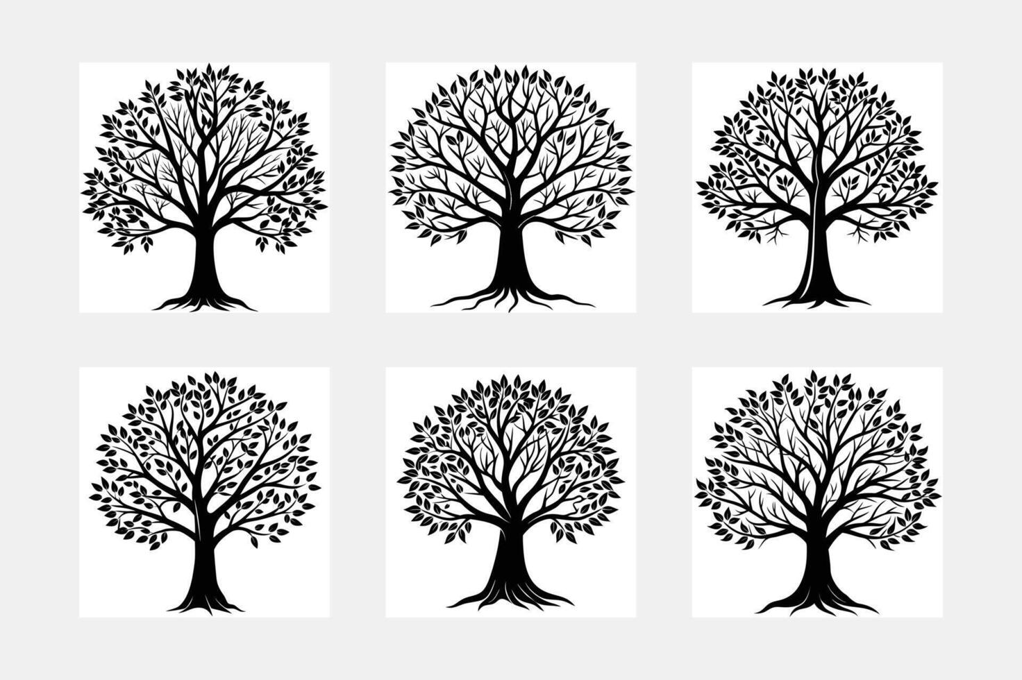 Six Black Silhouette Tree Illustrations Nature, Ecology, Graphics, Design, , Art, Symbol, Leaf vector