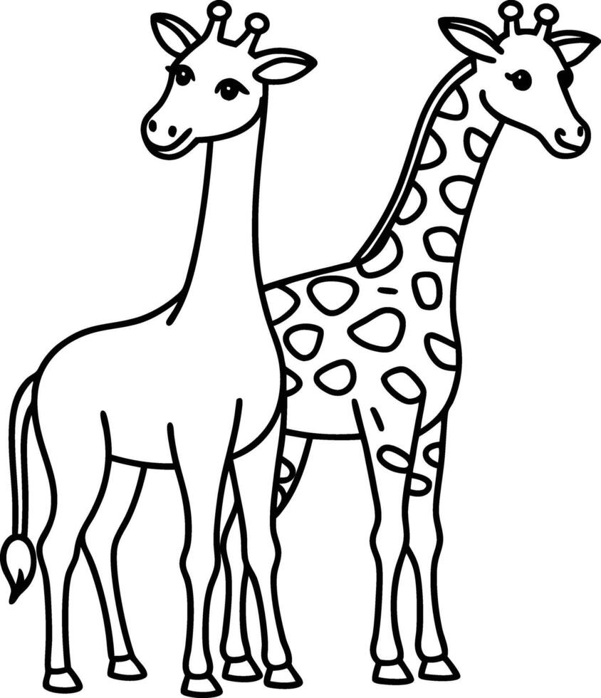 Two Adorable Giraffes Line Art, Simple, Cute, Wildlife, Animals, Drawing, Coloring Page, Safari, Nat vector