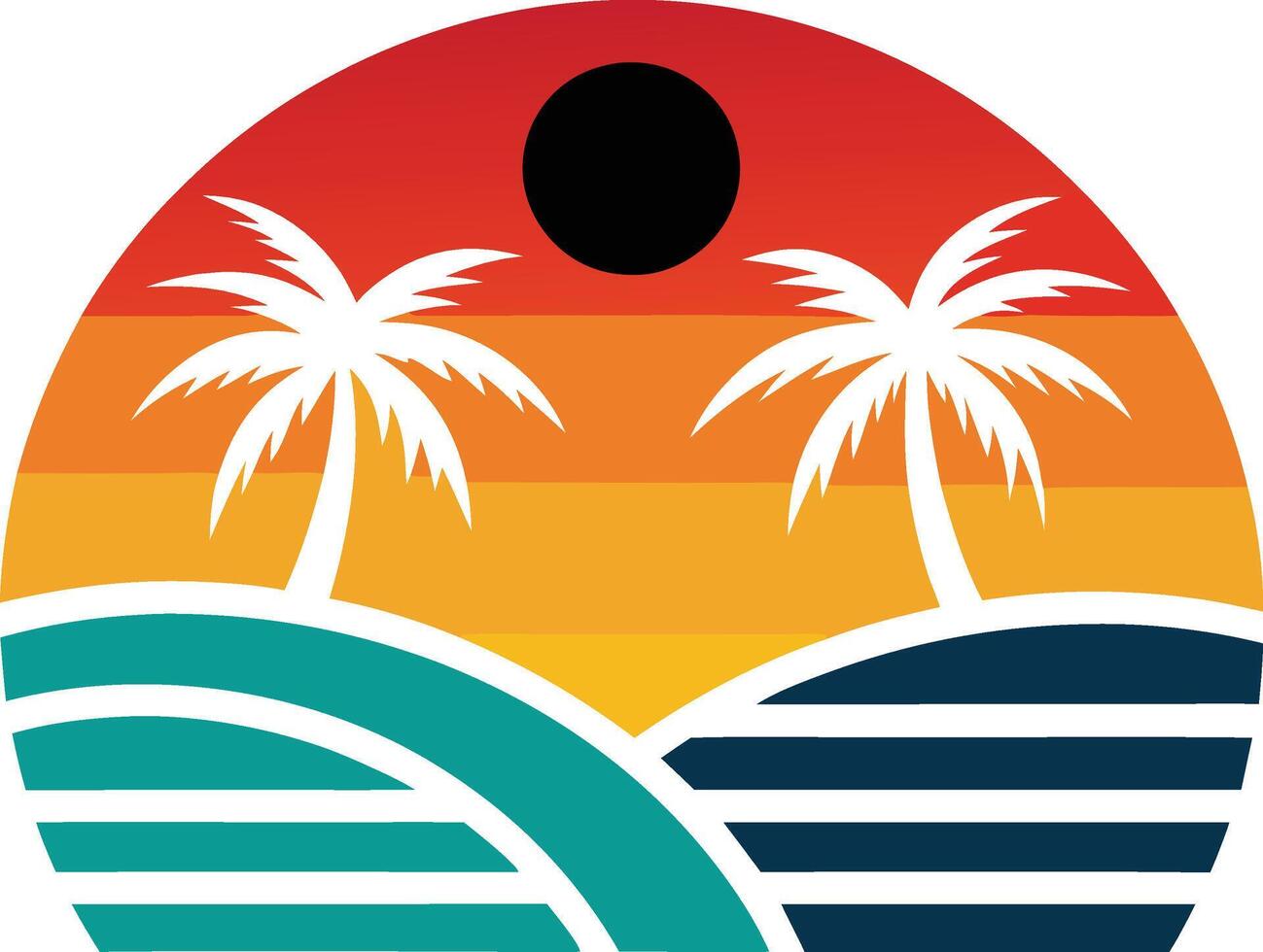 Tropical Sunset Beach Paradise Palm Trees, Ocean Waves, Sun vector