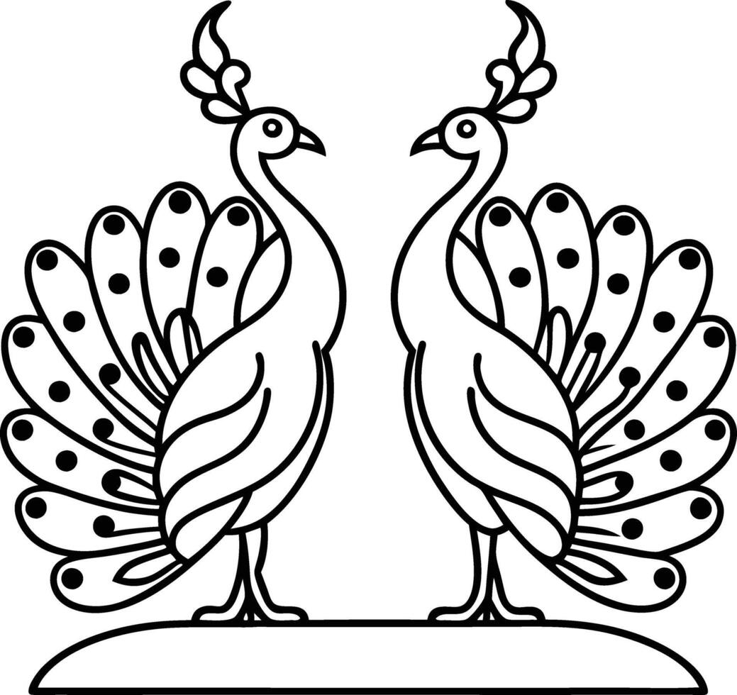Elegant Line Art Two Peacocks Facing, Symmetrical Design, Indian Style vector