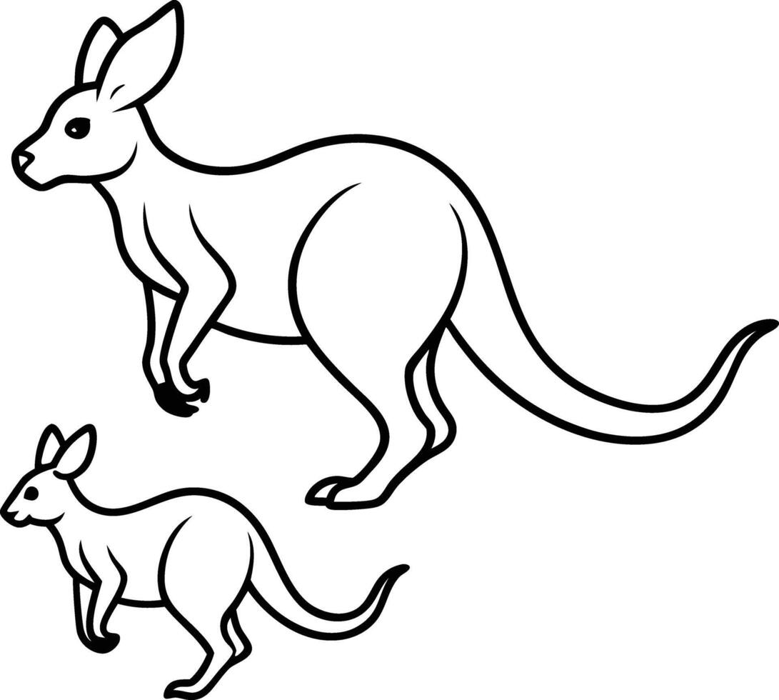 Australian Kangaroo Pair Line Art, Adult, Joey, Wildlife, Animal, Design, Illustration, Black, White vector