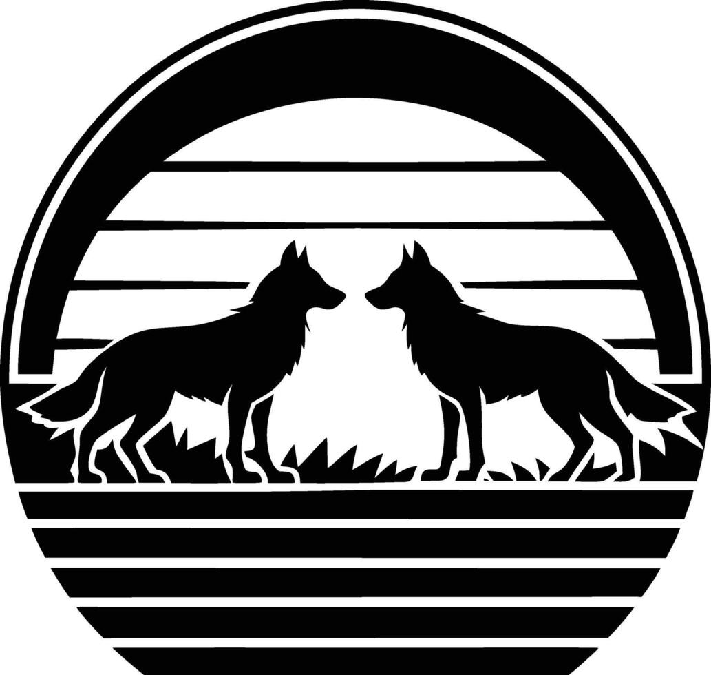 Retro Sunset Wolves Silhouette, Wild Canids, Nature Art Print vector