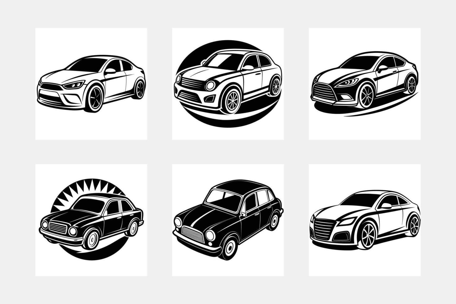 Six Classic and Modern Car Designs Black and White Illustrations vector