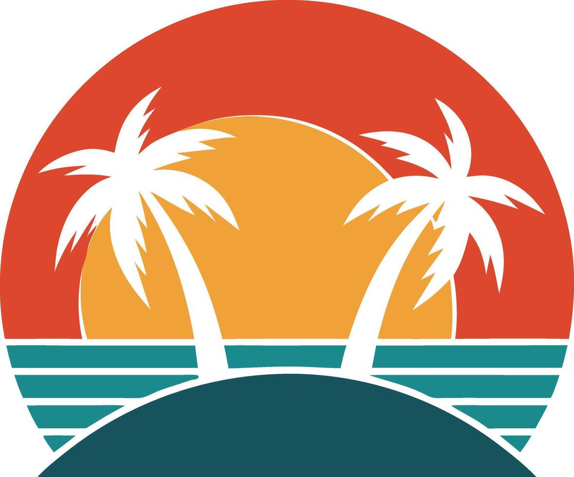 Tropical Sunset Island Paradise Palm Trees, Ocean, and Sun vector