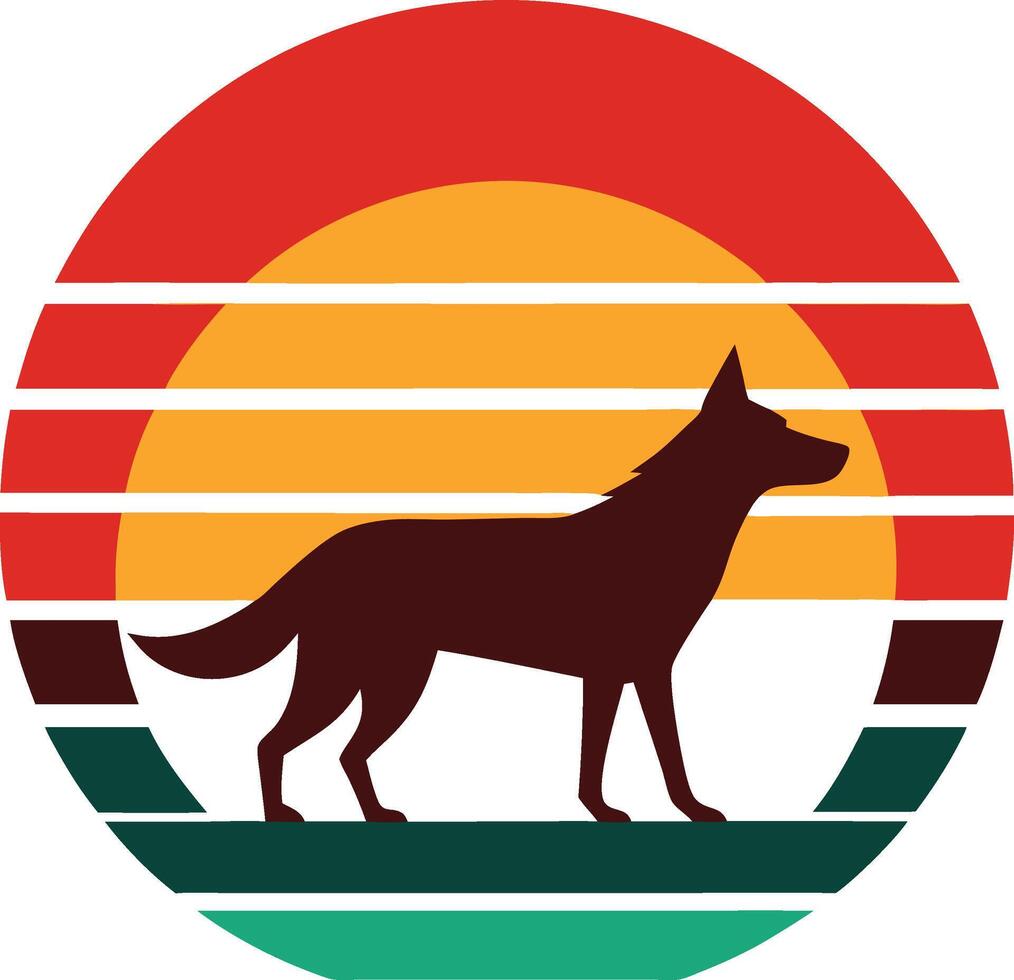 Retro Sunset Silhouette Majestic Wolf at Golden Hour vector