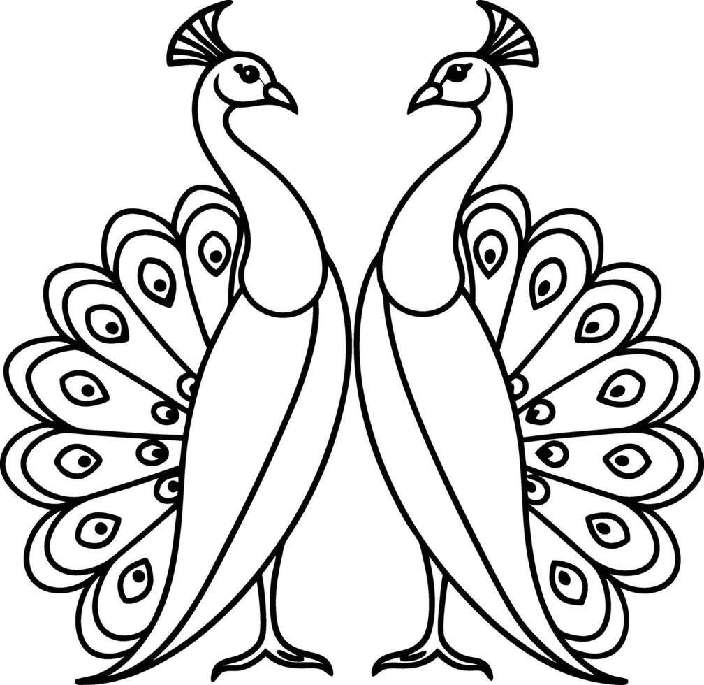 Elegant Pair of Peacocks Line Art, Bird, Feathers, Design, Graphic, Symmetry, Outline, Illustration, vector