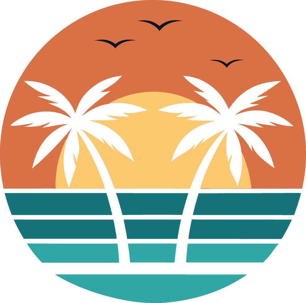 Tropical Sunset Beach Scene Palm Trees, Ocean, Birds, Retro Style vector