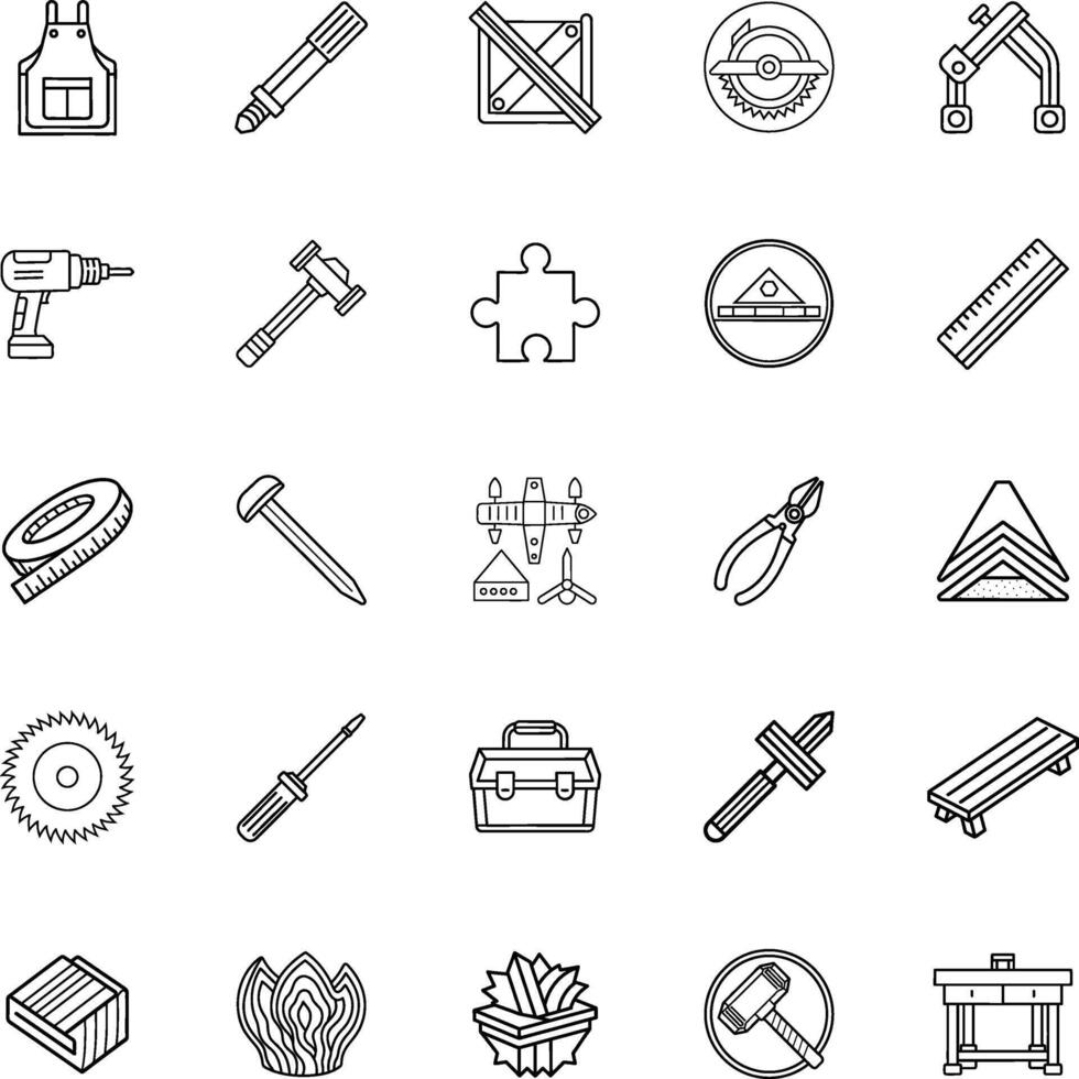 Woodworking Tools, Carpentry Equipment, and DIY Project Icons vector