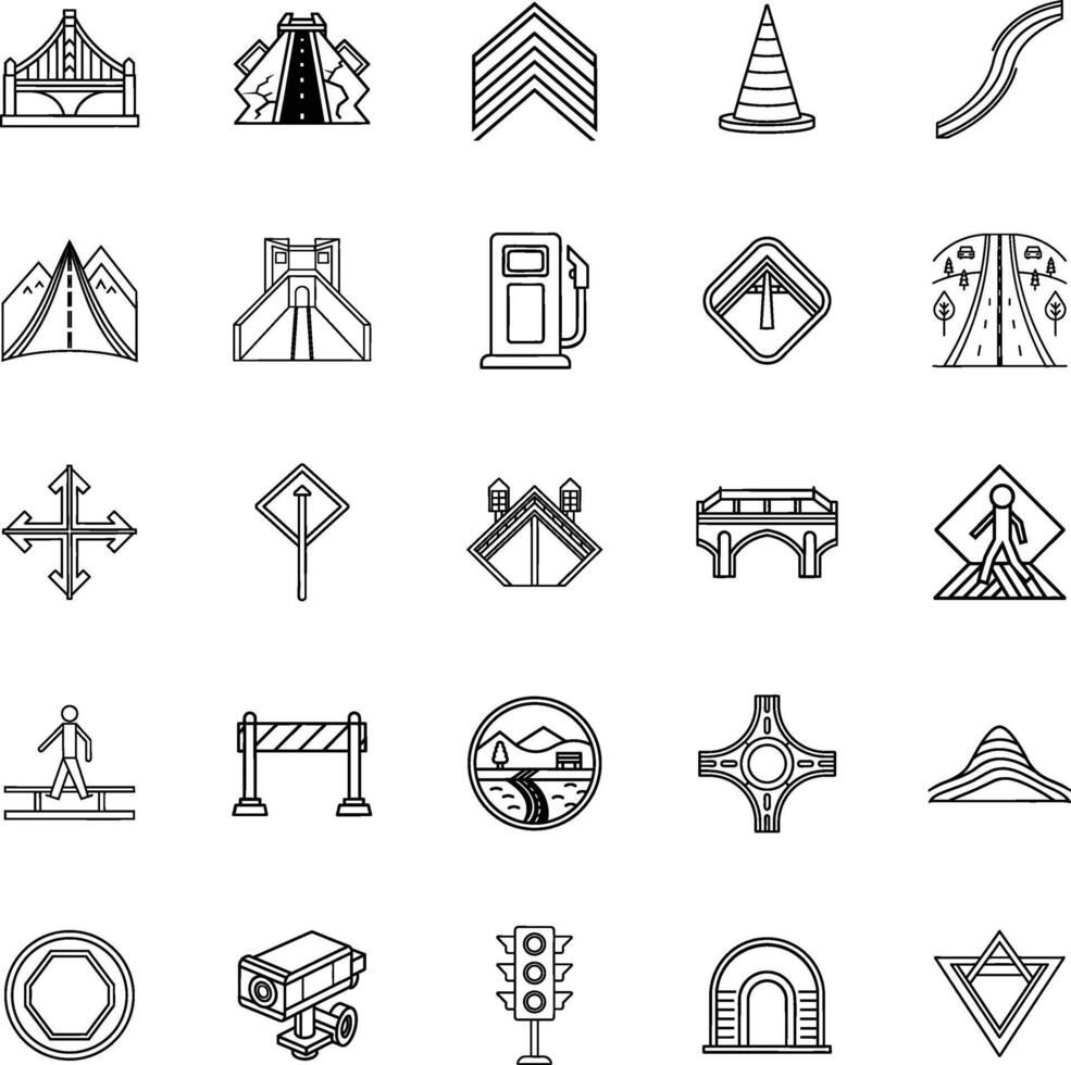 Road Infrastructure Bridges, Signs, Traffic, and Highway Icons vector