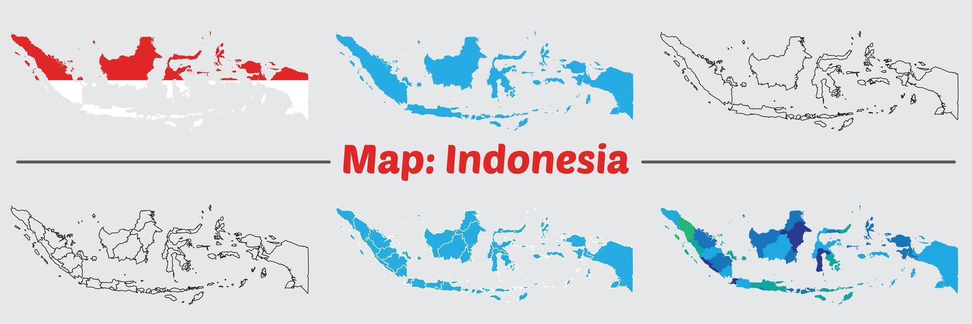 Indonesia country map set. internal provinces borders marked, Simple map of Indonesia drawing, Filled and outline. vector