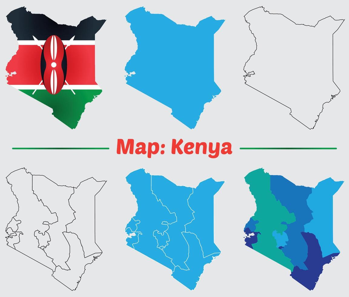 Kenya country map set. internal provinces borders marked, Simple map of Kenya drawing, Filled and outline. vector