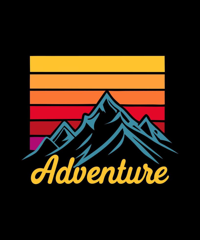 the word adventure is on a black background with mountains in the background vector