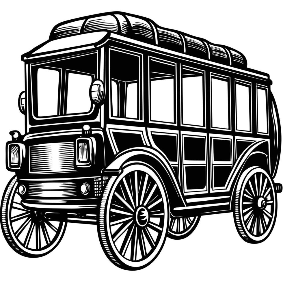 An old fashioned bus is shown in black and white vector