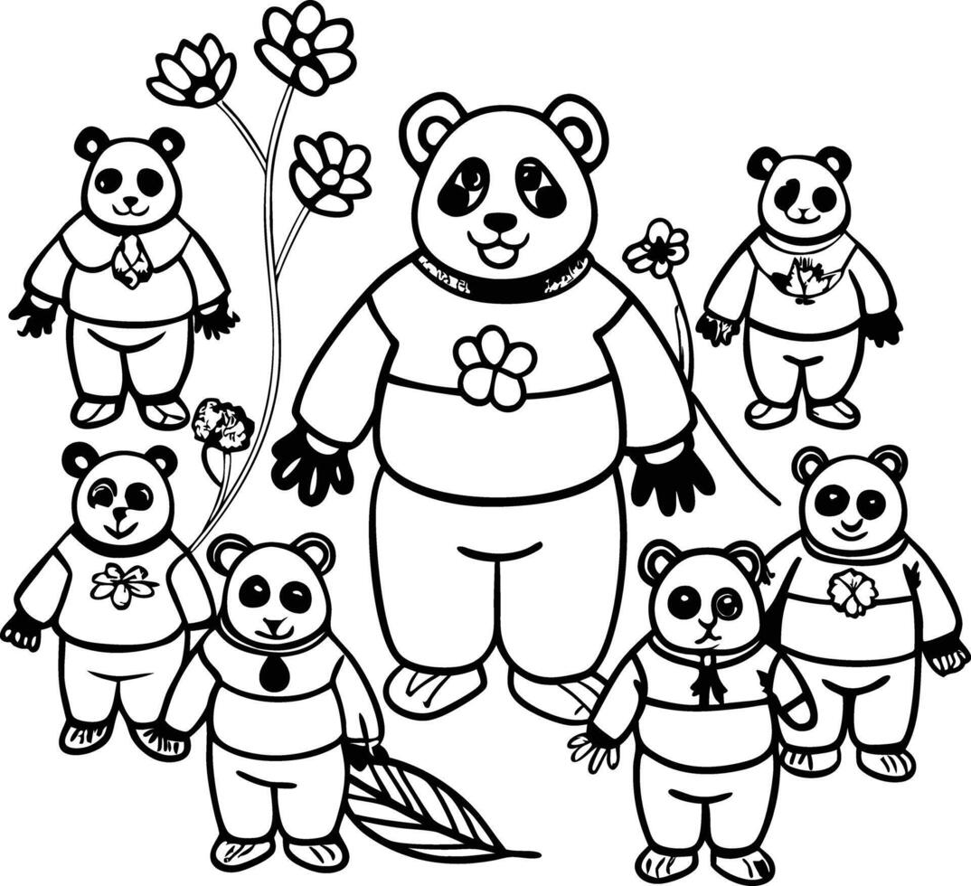 Panda family coloring pages vector