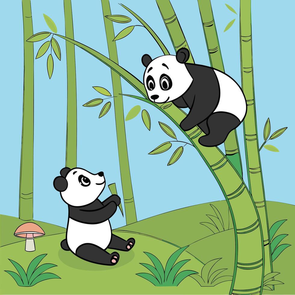 Two panda bears are climbing up a tree vector