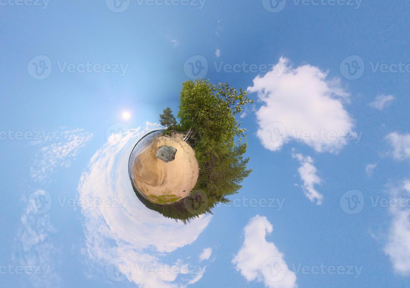 Little planet panorama of scenic natural beach at Skellefte river in northern Sweden photo