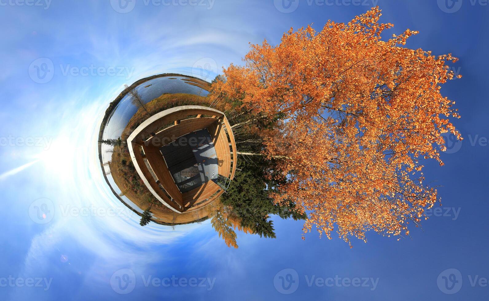 Little planet panorama from lookout tower in Vajsjon nature reserve in Sweden photo