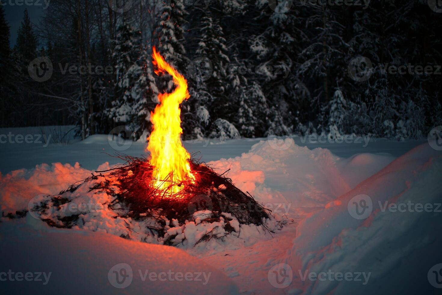 Big fire between snow heaps in winter photo