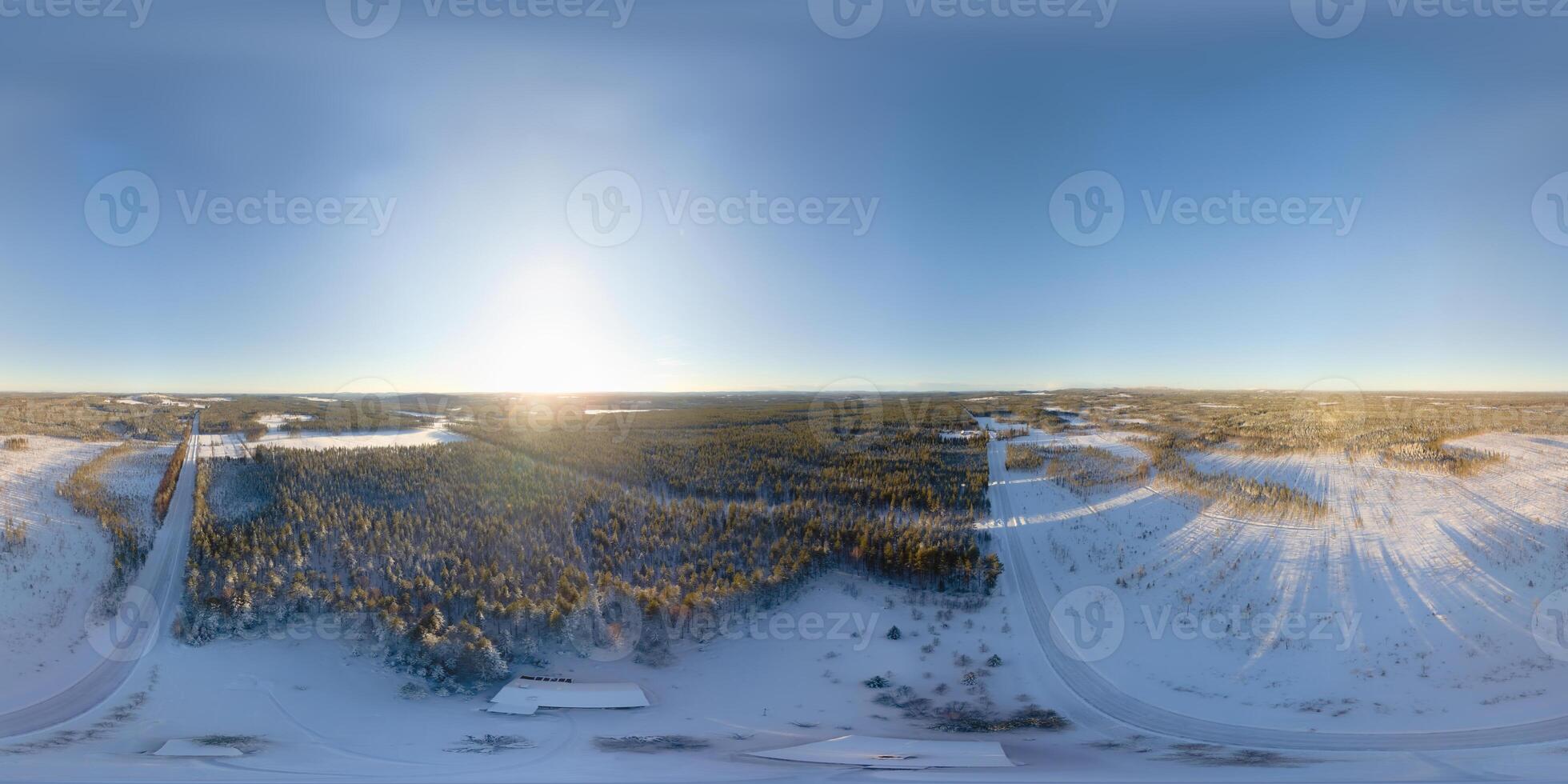Spherical panorama of snowy Lapland landscape. Equirectangular projection makes the image usable in most spherical panorama viewers photo
