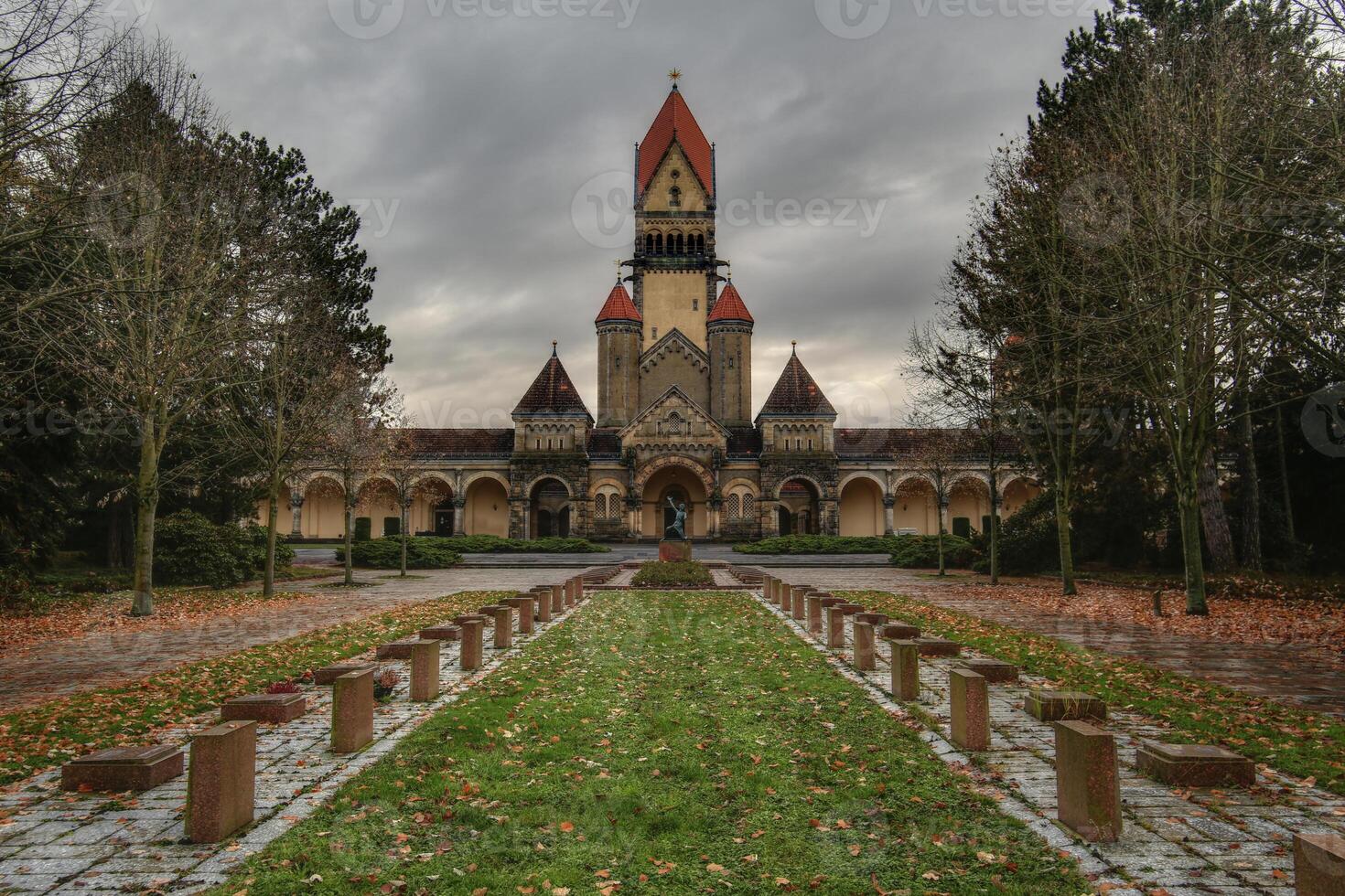 Front view of the chapel and crematory complex in the south cemetery of Leipzig photo
