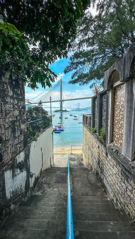 Vertical village houses, staircase, tree and bridge in Hong Kong photo