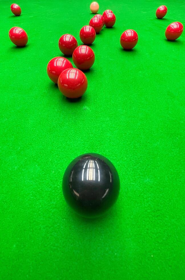 Traditional snooker balls and game table from top view photo