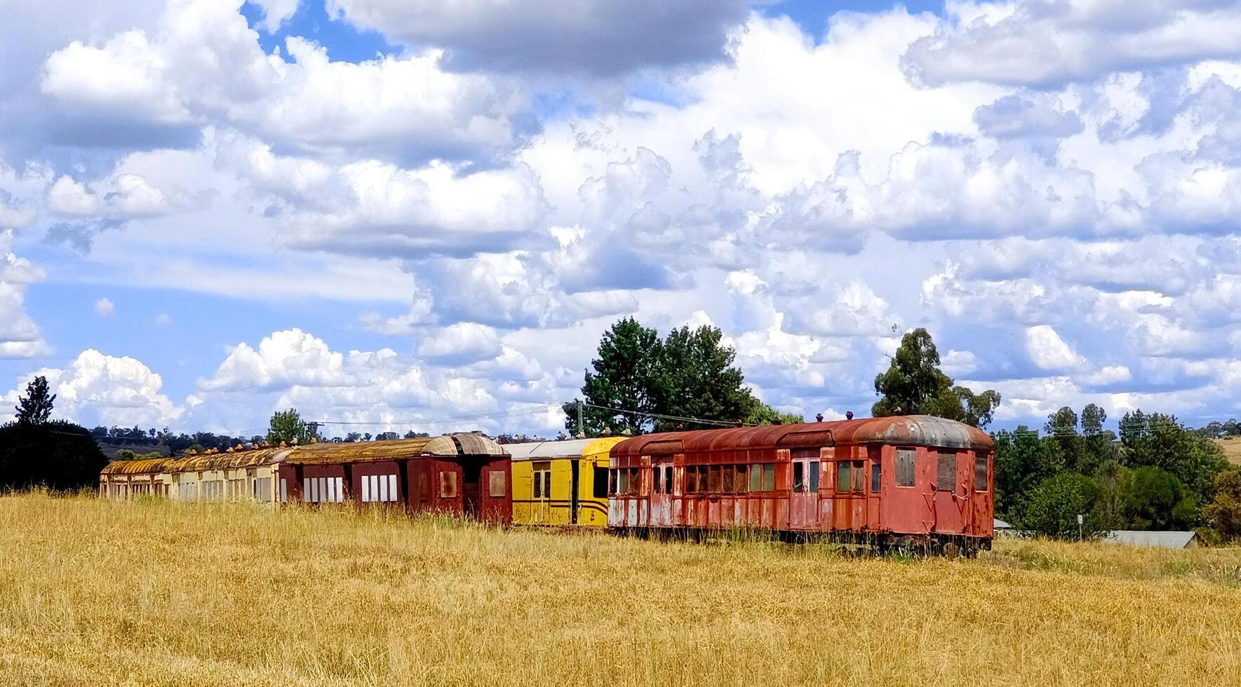 Grunge, retro, rusty old trains on the grass with clouds and sky photo